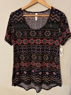 LuLaRoe Black Short Sleeve Top with Multicolor Geometric Floral Print
